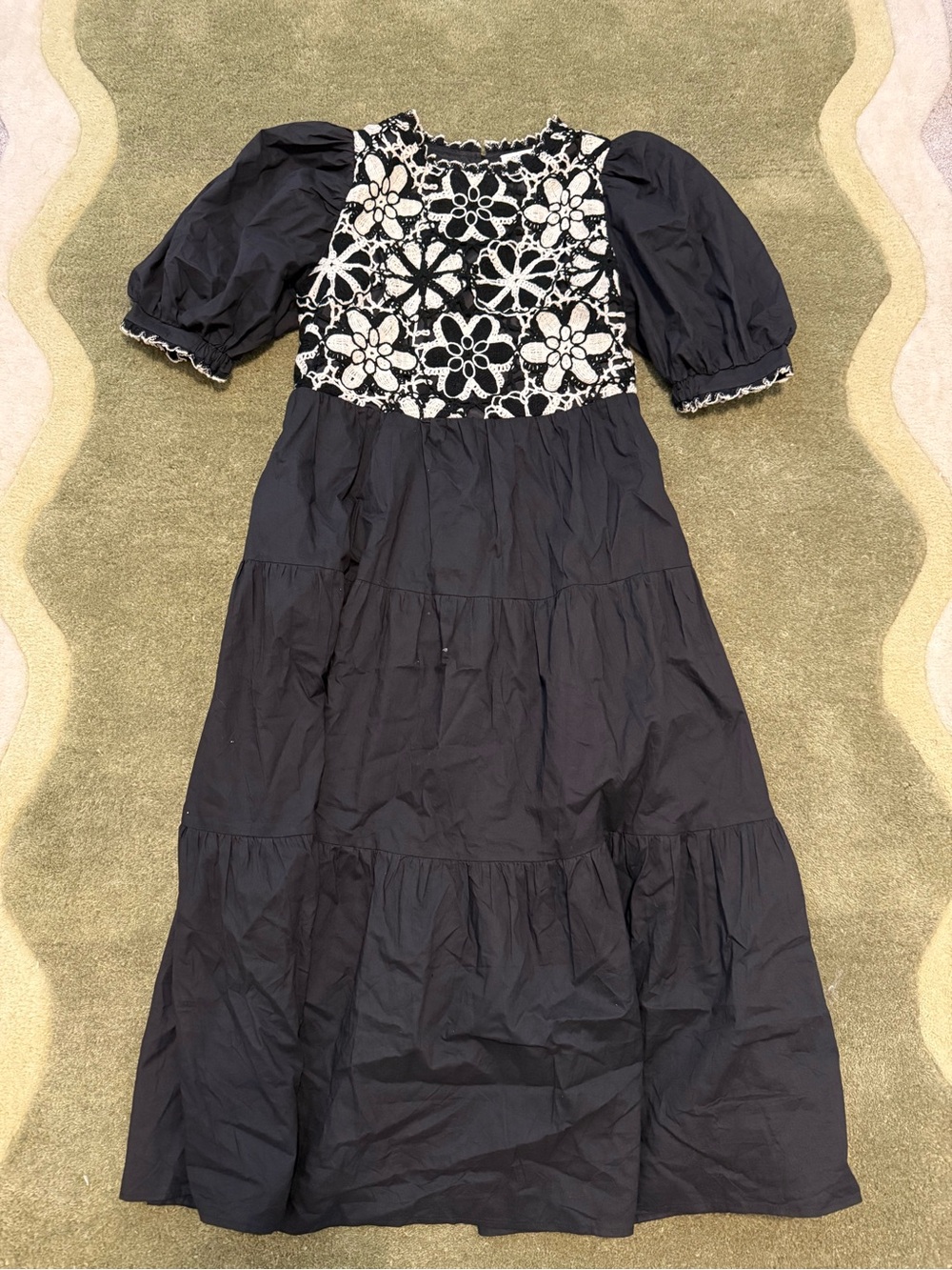 Vestique Black Midi Dress with White Floral Crochet Bodice